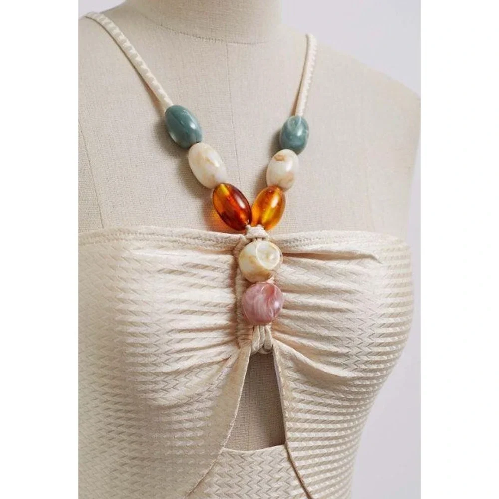 Resin beads halter neck texture swimsuit in champagne size L‎